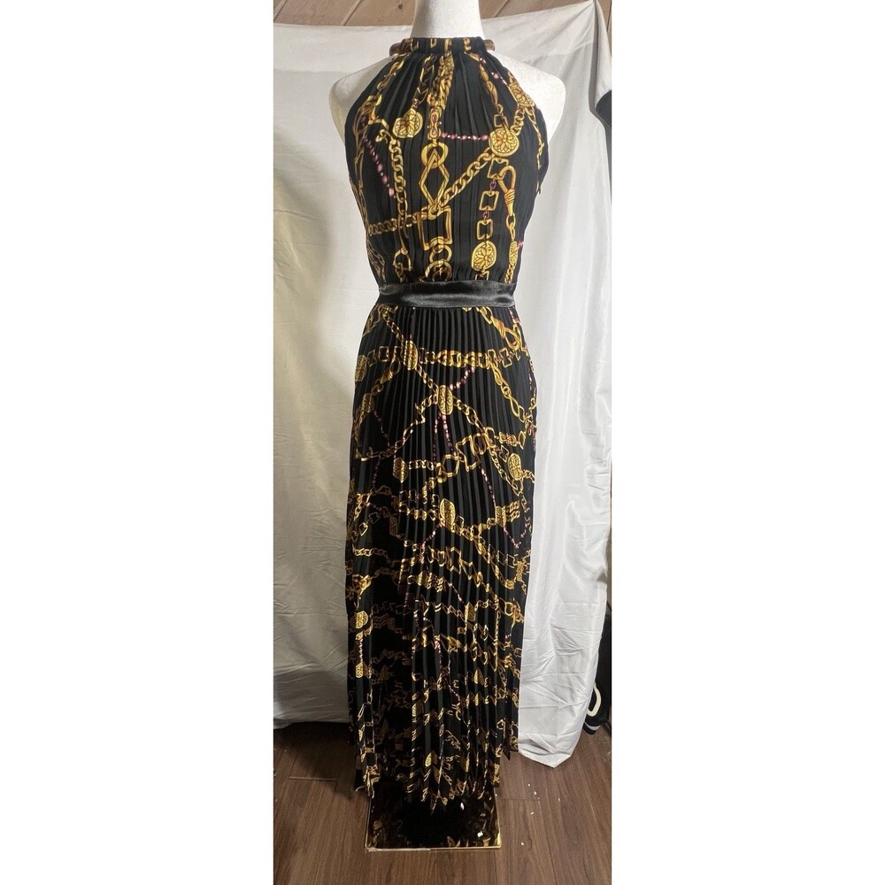 VaVa Voom Dress Woman's S Black Pleated Chains Beads Medallion Print Neck